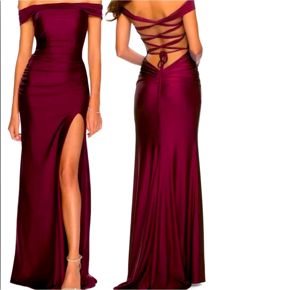 LA FEMME Tie Back Off the Shoulder Satin Dress